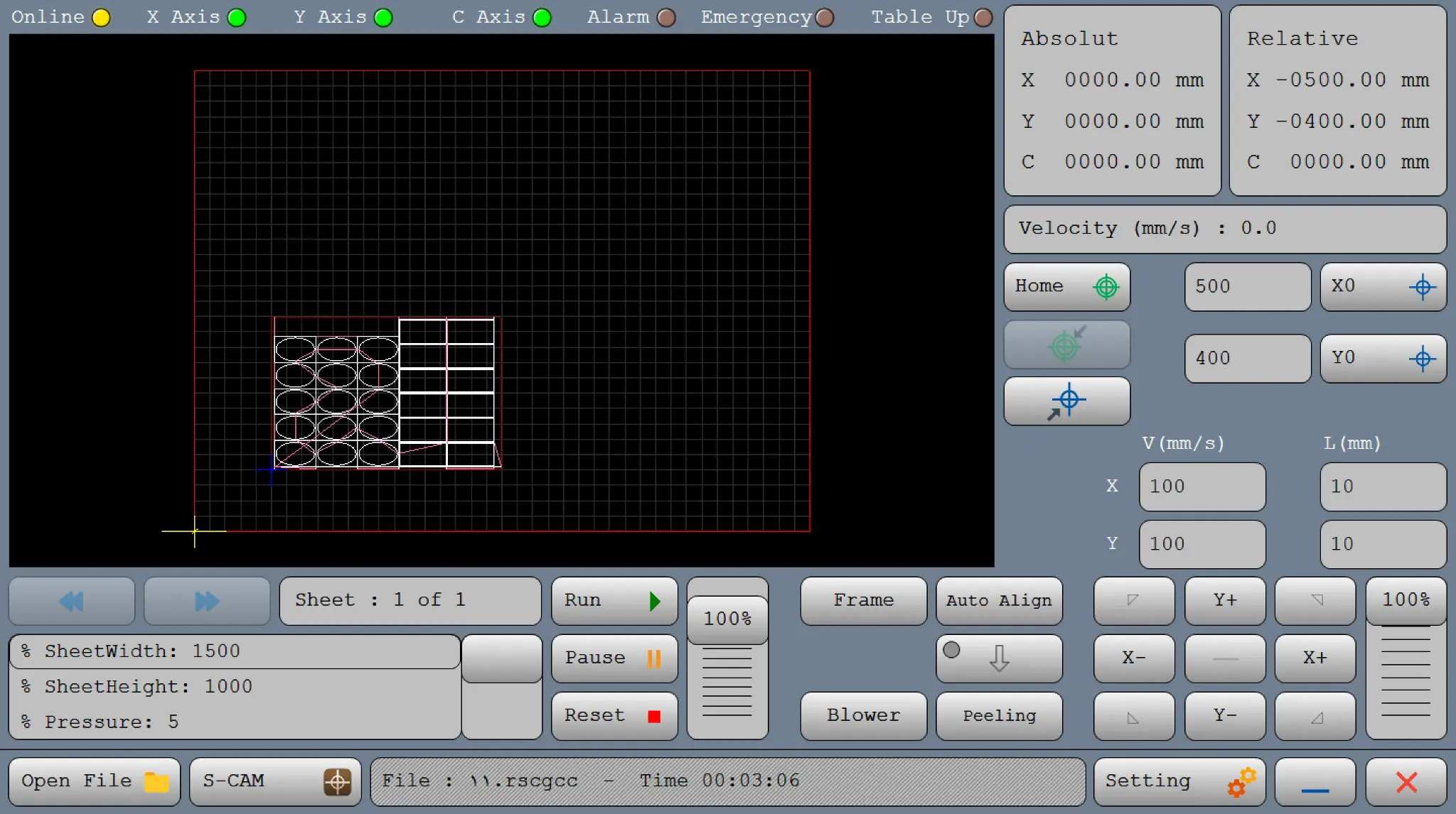 Radonix XYC SGCut glass cutting CNC interface showing machine status, toolpath preview, coordinates, jog buttons and process controls